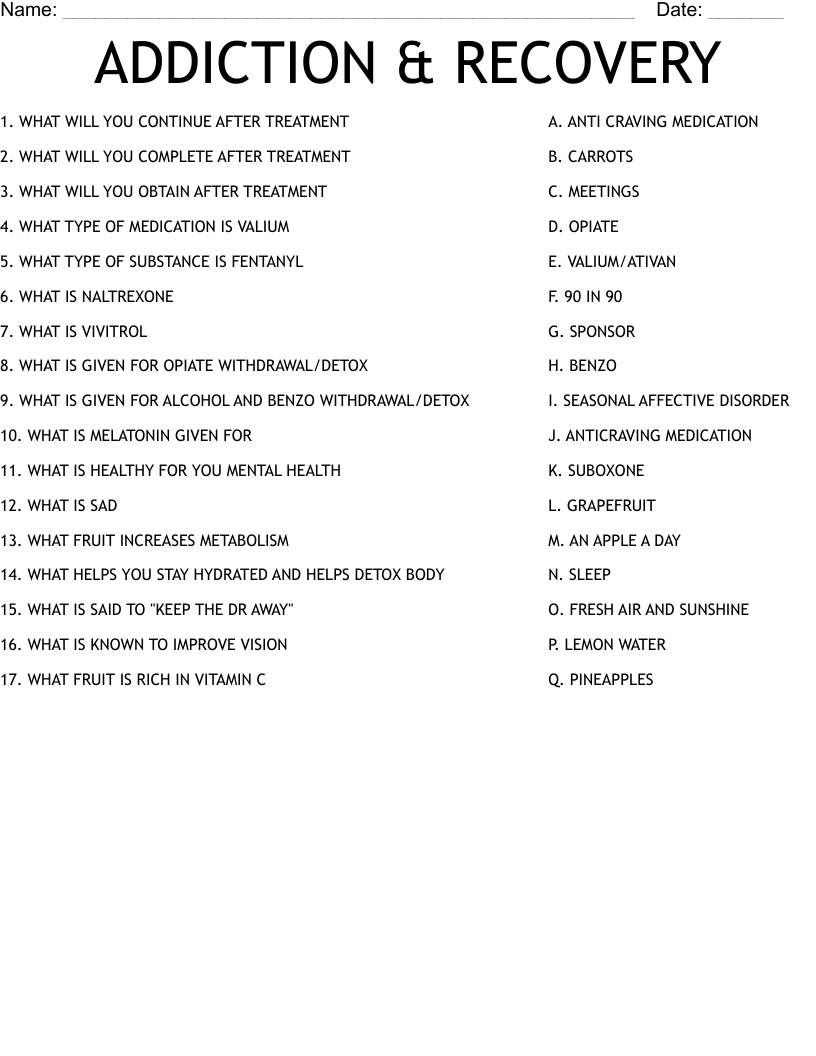 ADDICTION RECOVERY Worksheet WordMint
