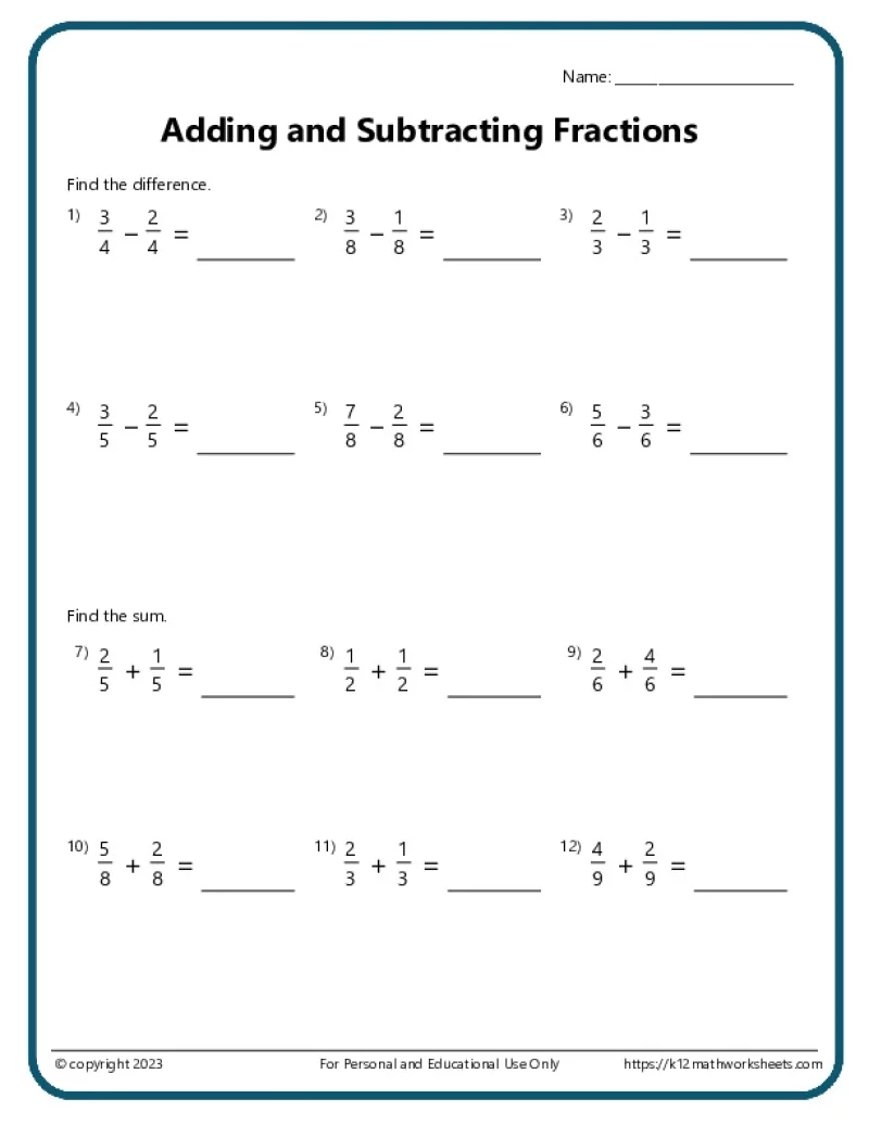 Adding And Subtracting Fractions Worksheets