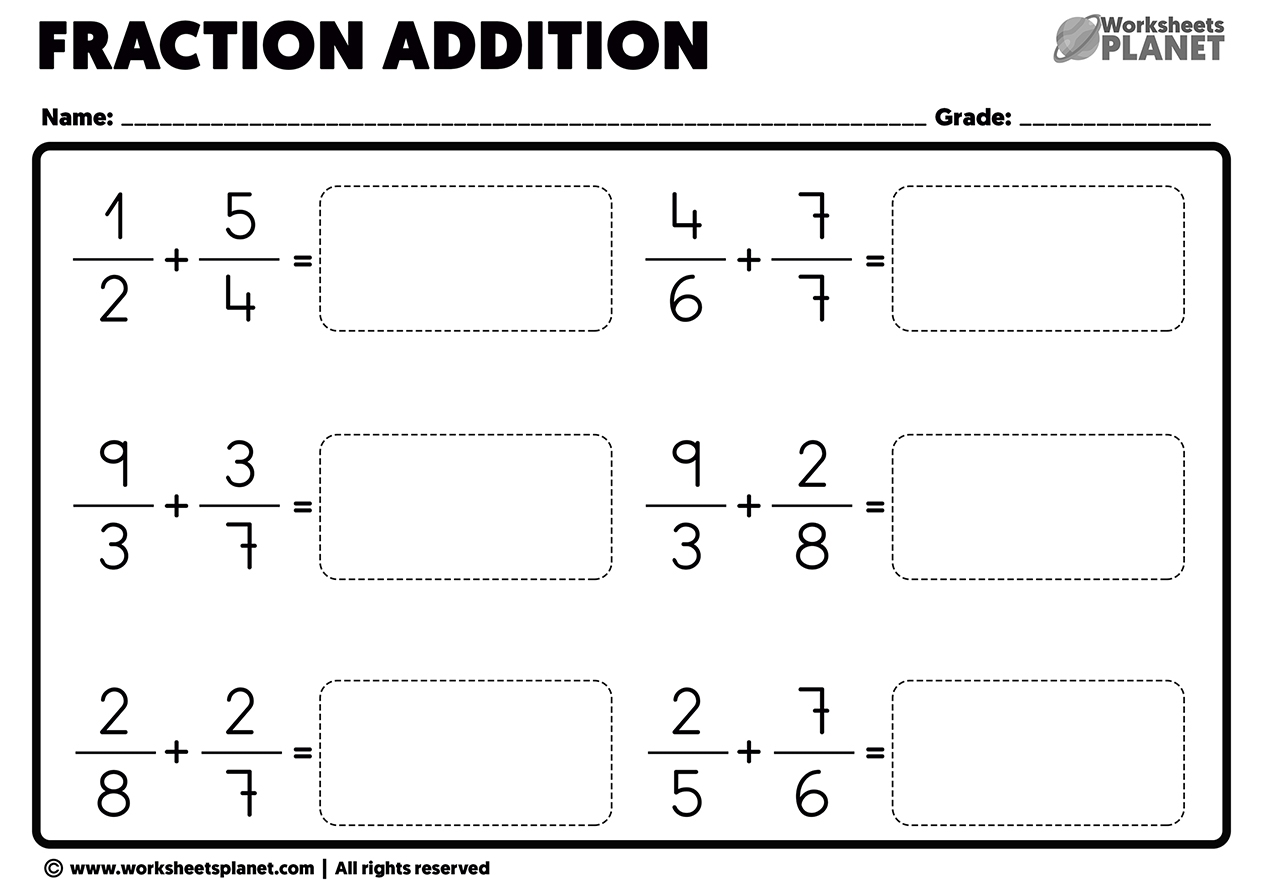 Adding Fractions Free Printable Worksheets
