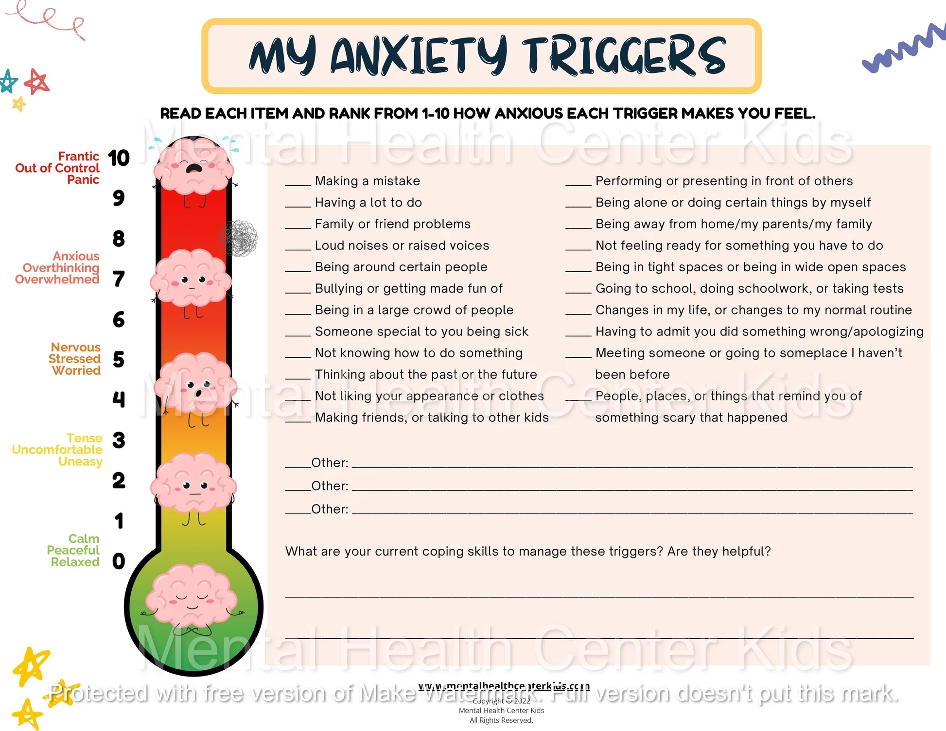 Anxiety Triggers Worksheet Mental Health Center Kids