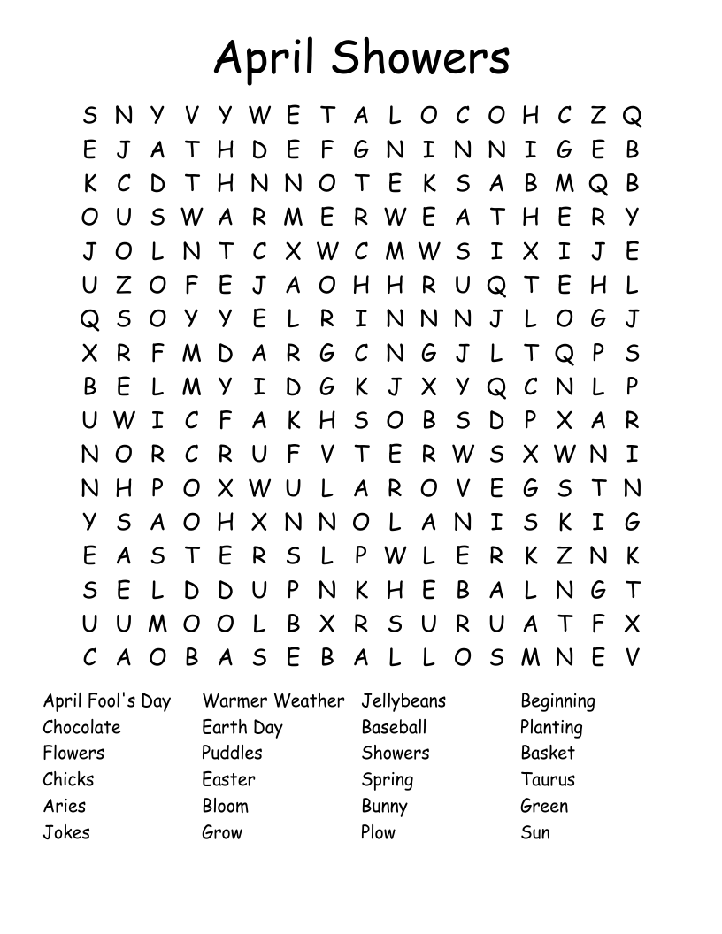 Free Printable April Word Search Worksheets