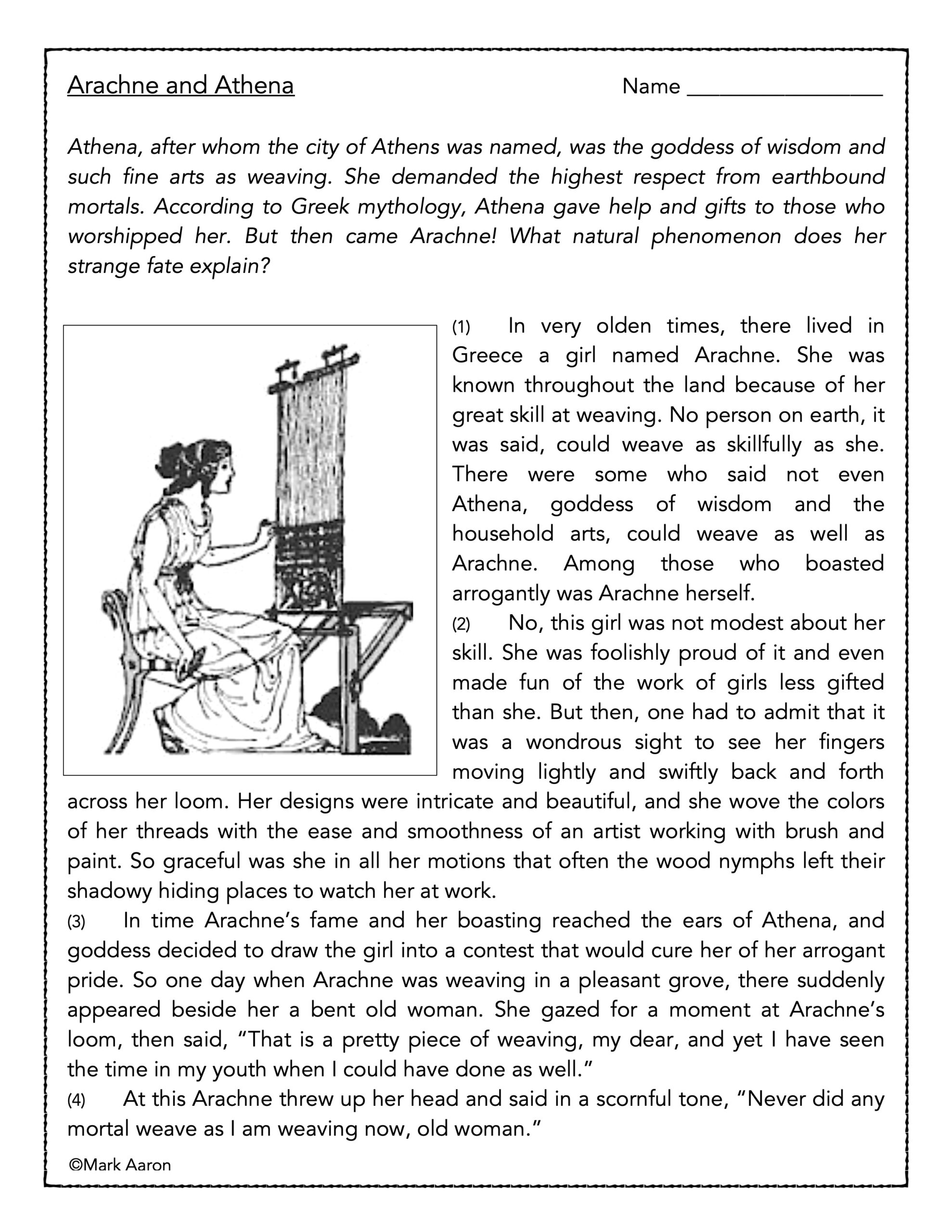 Arachne And Athena Reading Comprehension Passage Made By Teachers Worksheets Library