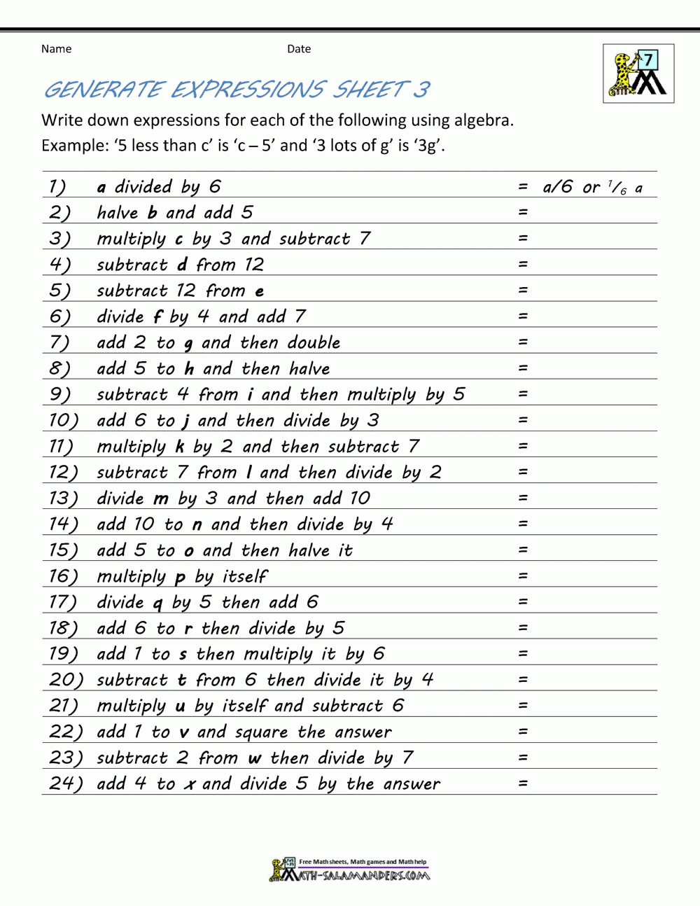 Free Printable Algebraic Expressions Worksheets