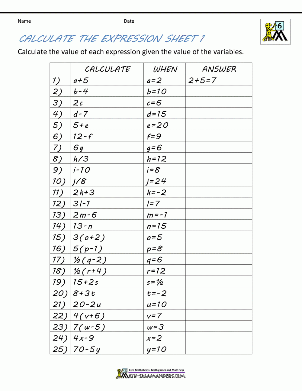 Printable Worksheets Algebra 1