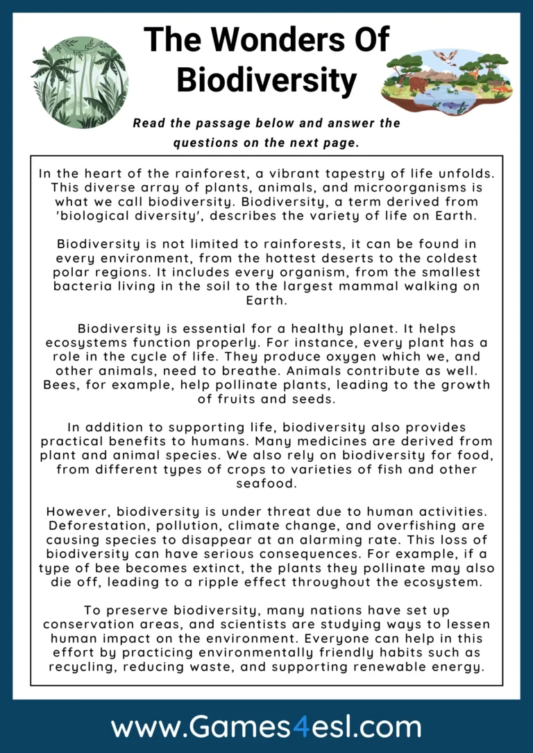 Biodiversity Reading Comprehension Games4esl