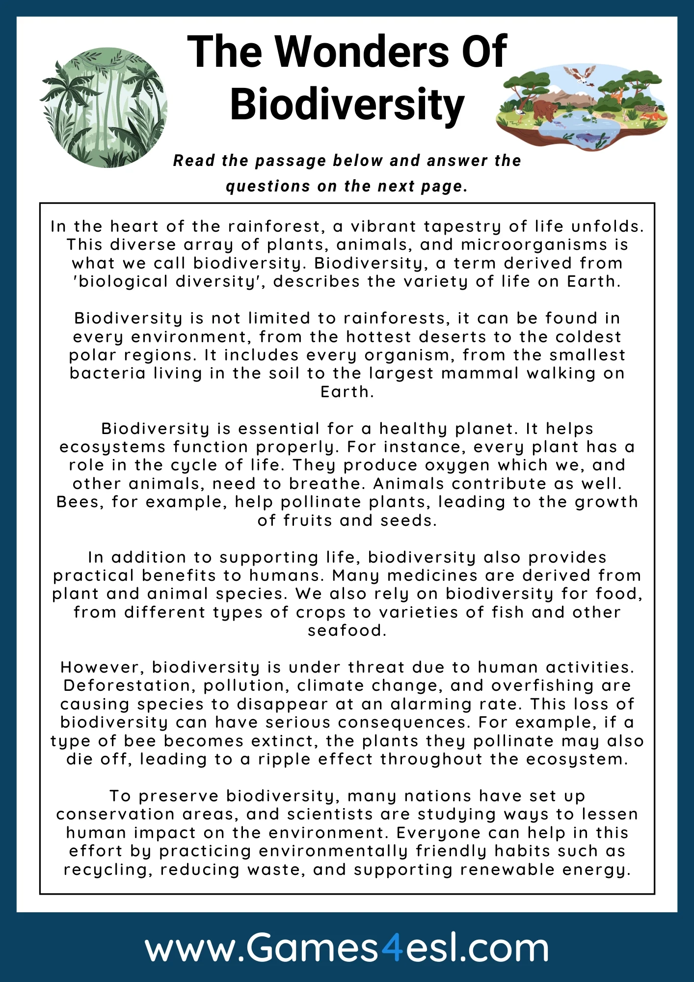 Biodiversity Reading Comprehension Games4esl