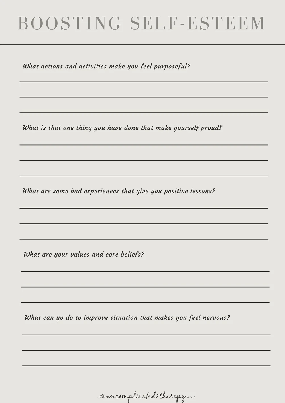 Boosting Self Esteem Worksheet For Therapists Counselors And Coaches Uncomplicated Therapy