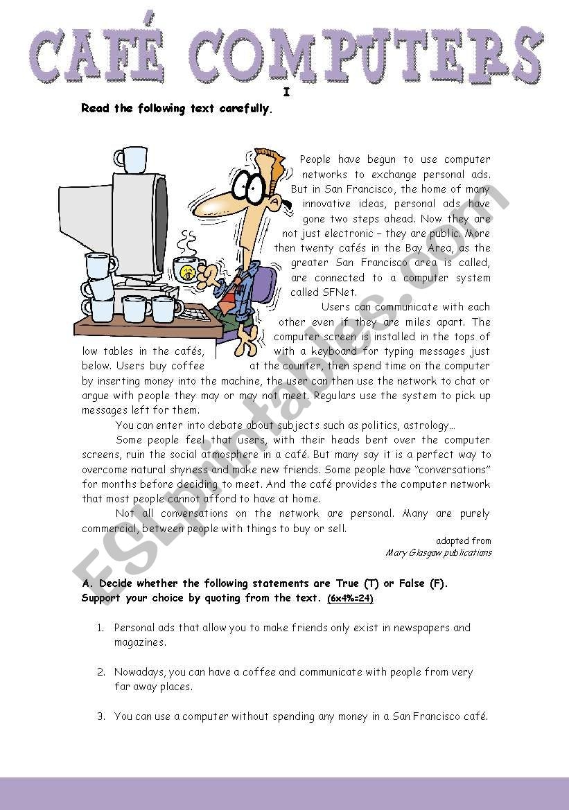 Reading Comprehension Worksheet About Computers