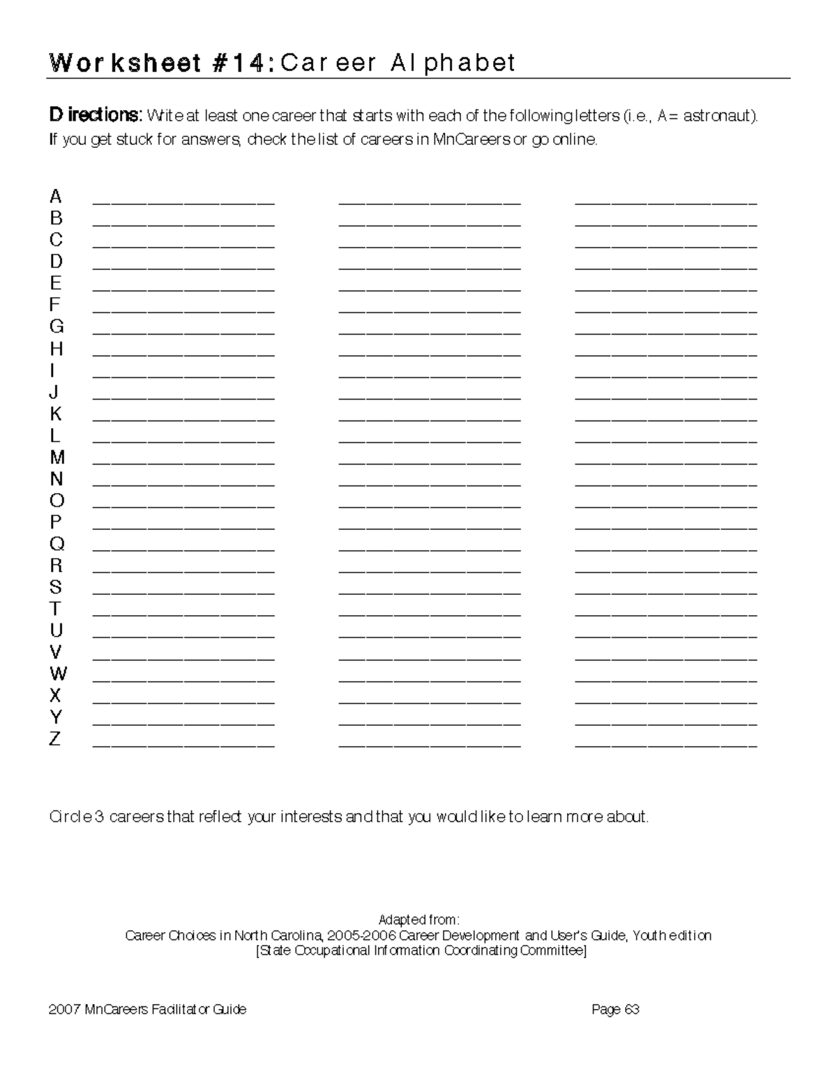 Career Alphabet Worksheet Fillable 1 2007 MnCareers Facilitator Guide Page 63 W O R K S H Eet 1 Studocu