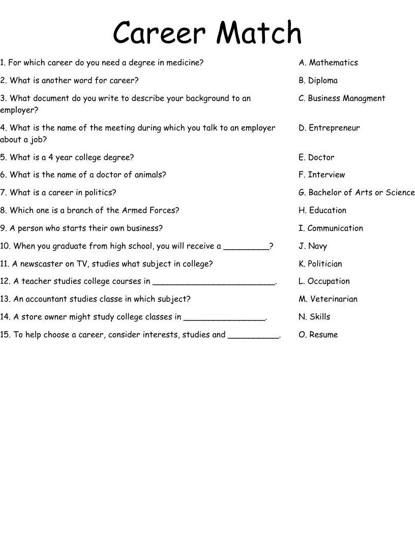 Career Match Worksheet WordMint
