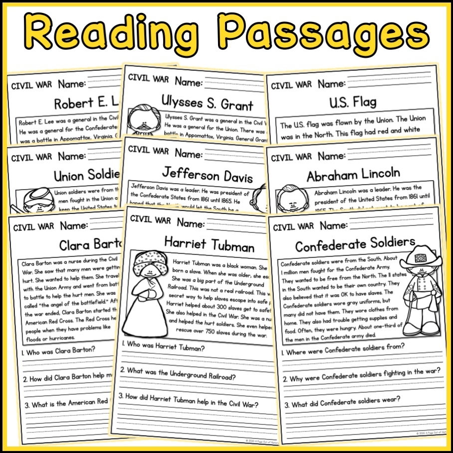 Civil War Social Studies Reading Comprehension Passages K 2 Made 