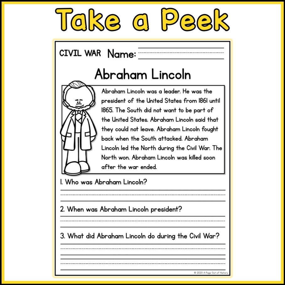 Civil War Social Studies Reading Comprehension Passages K 2 Made