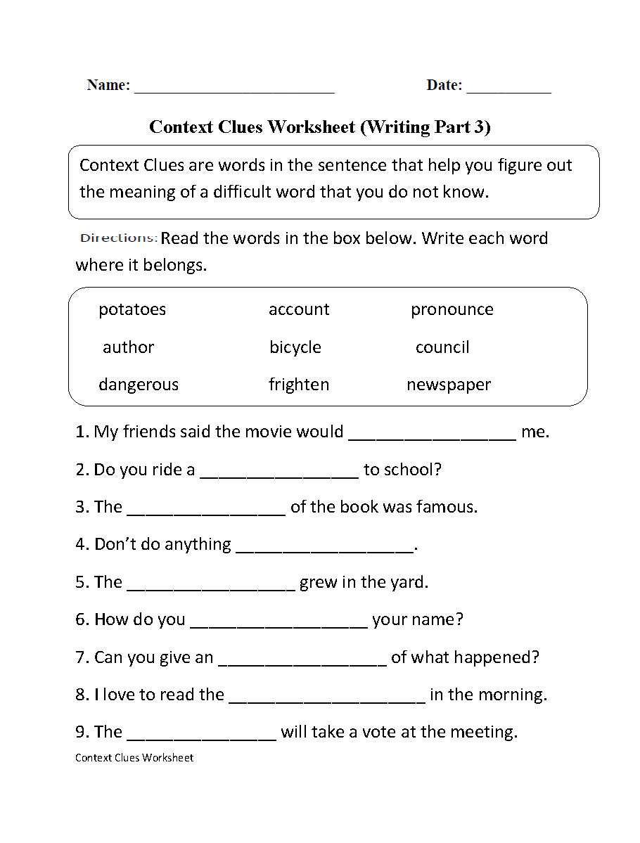 Context Clues Worksheets Context Clues Worksheet Writing Part 3 Intermediate