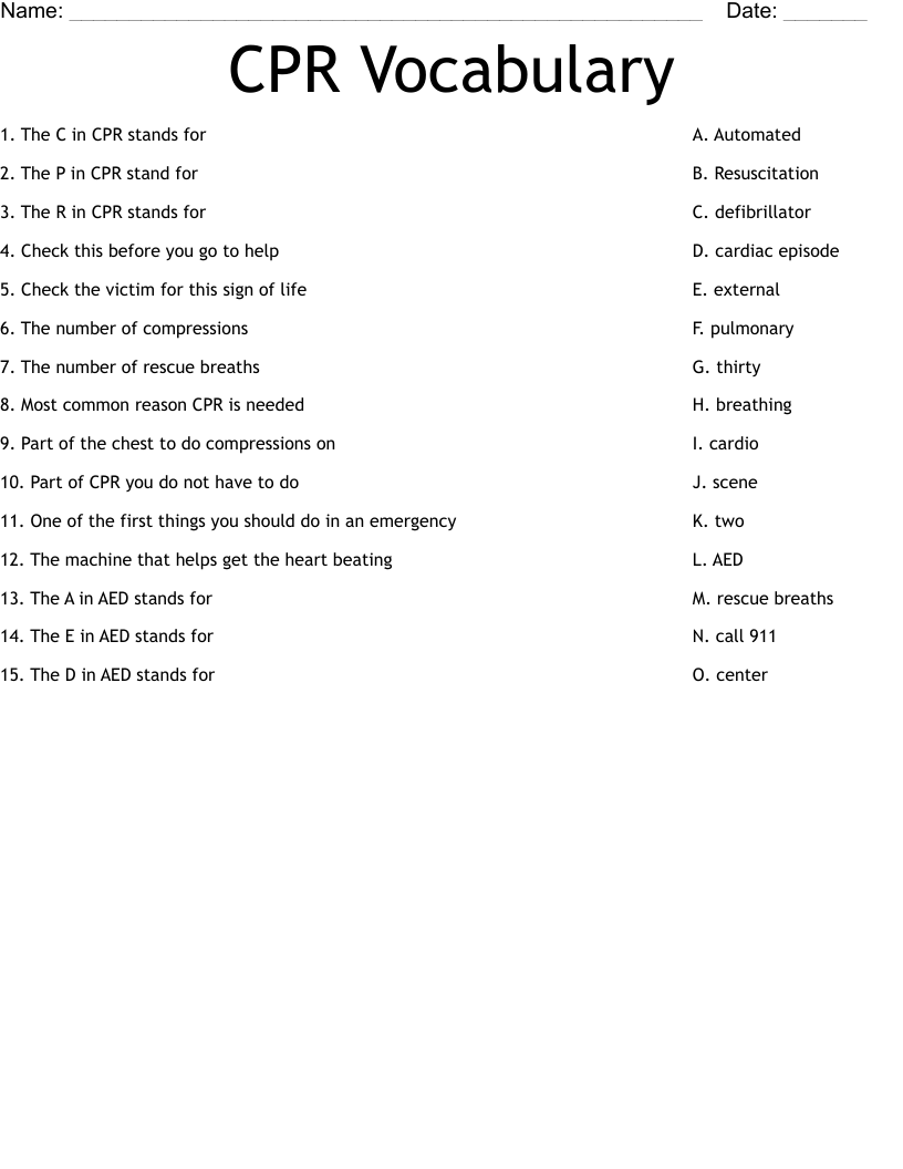 CPR Vocabulary Worksheet WordMint