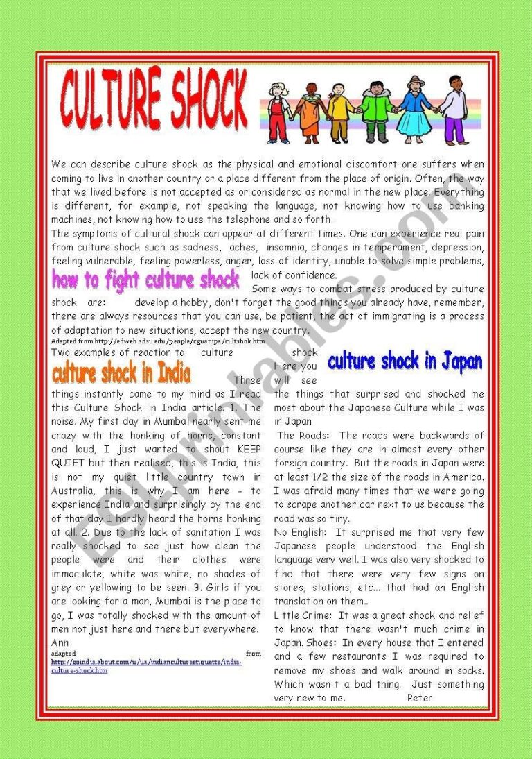 CULTURE SHOCK ESL Worksheet By Patties