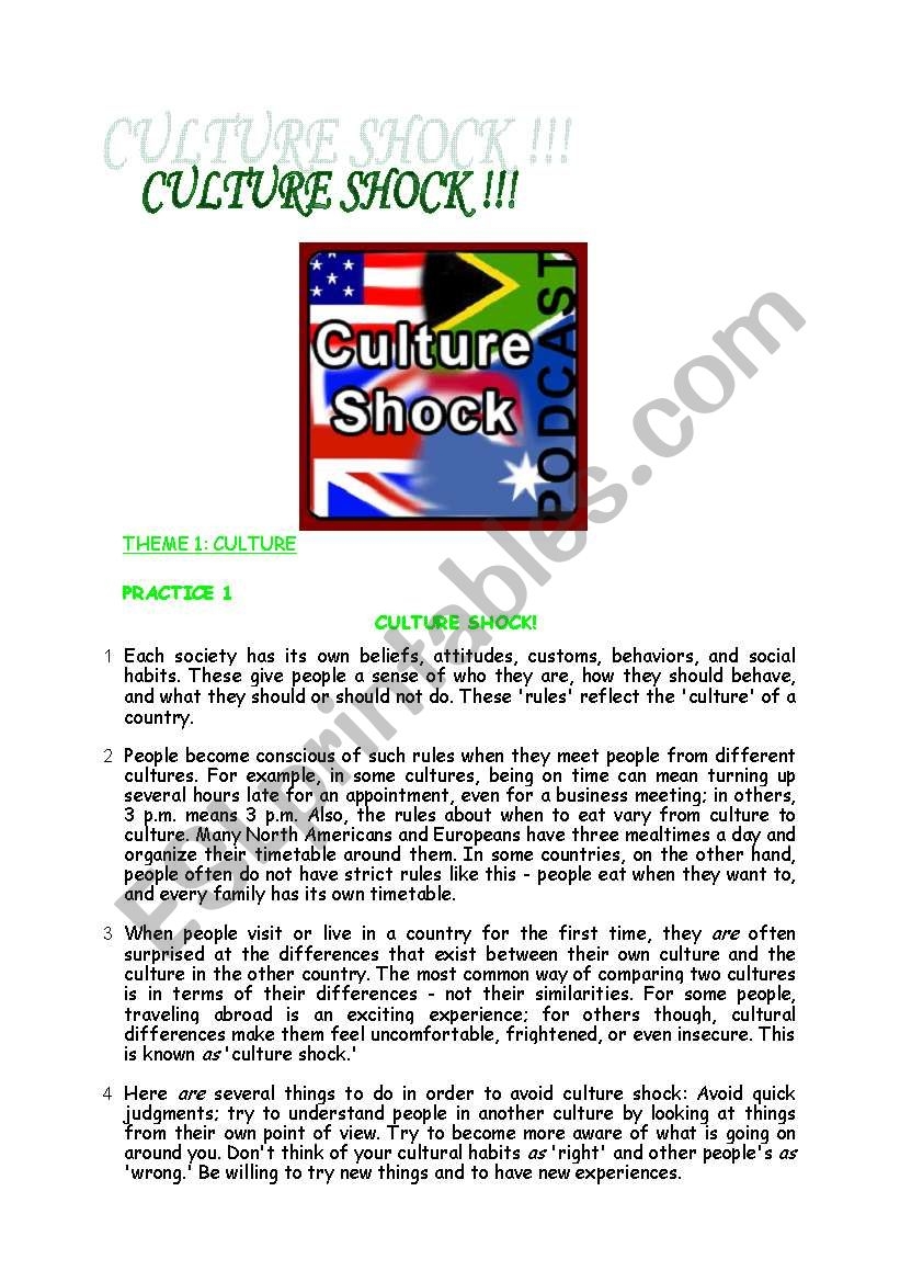 CULTURE SHOCK READING AND LISTENING ACTIVITY WITH VOCABULARY CHART 