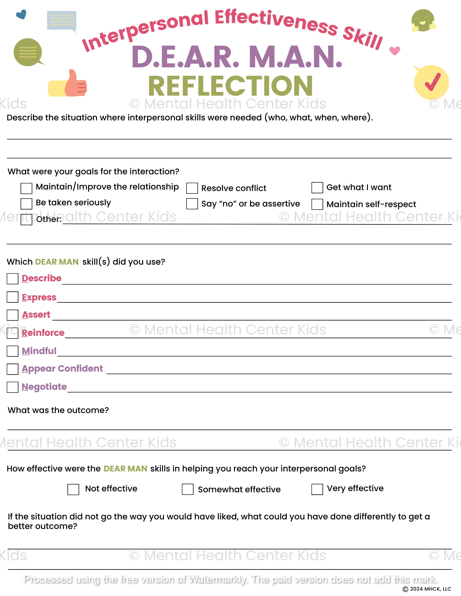 DBT DEAR MAN Worksheet Mental Health Center Kids