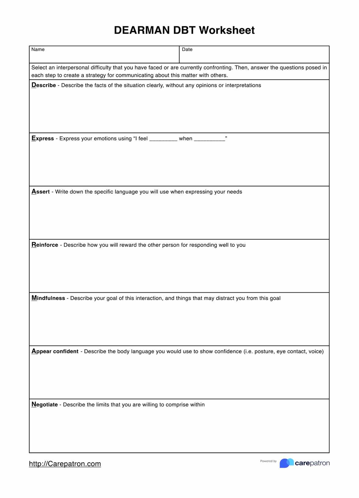 Dearman DBT Worksheets Example Free PDF Download