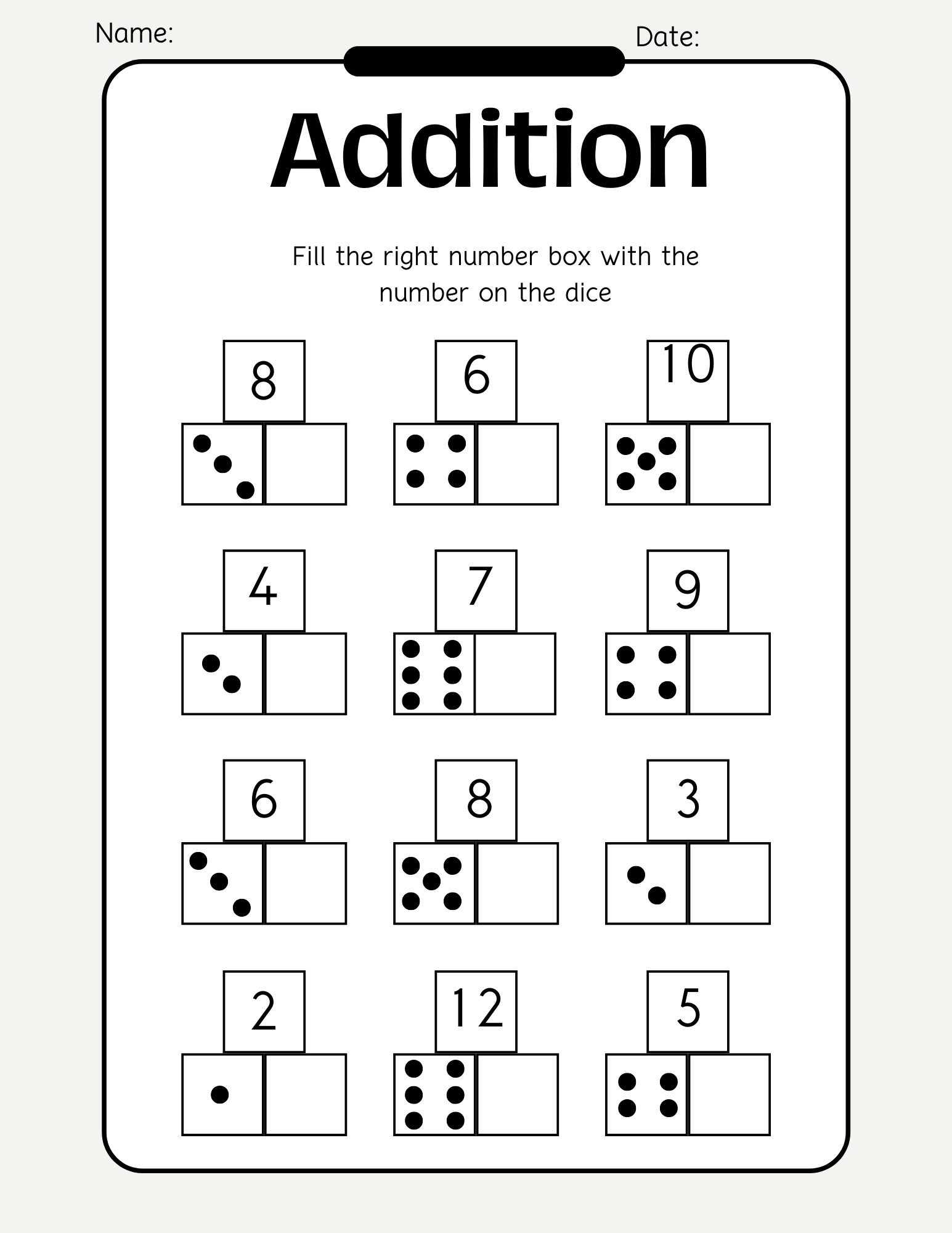 Dice Addition Worksheet Printable