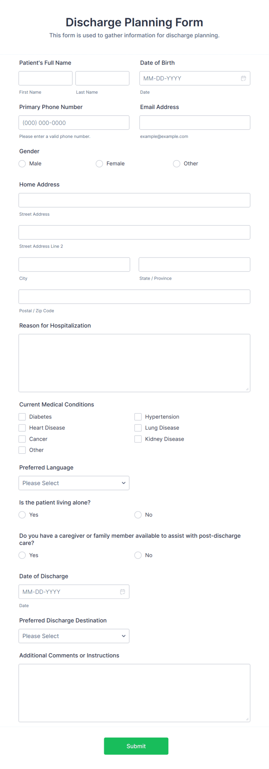 Discharge Planning Form Template Jotform