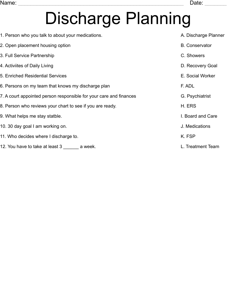 Discharge Planning Worksheet WordMint