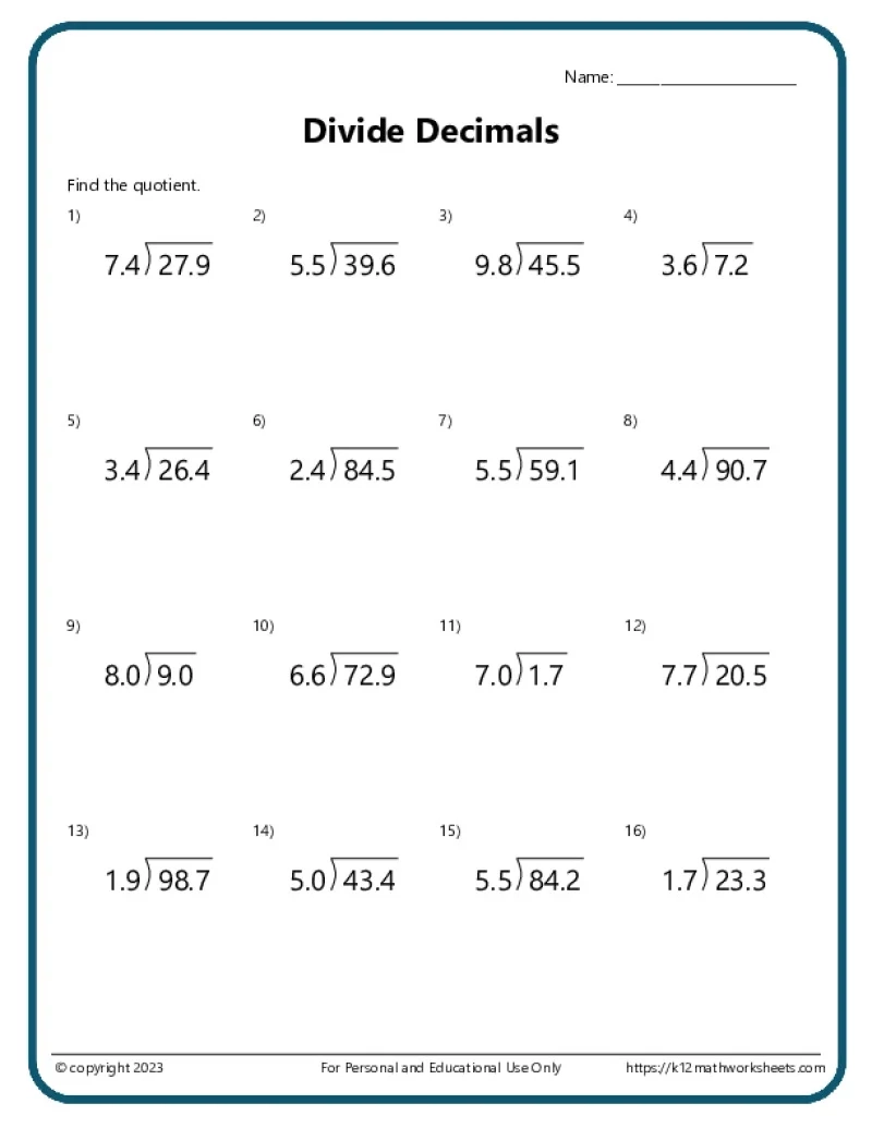 Free Printable Decimal Worksheets 5th Grade