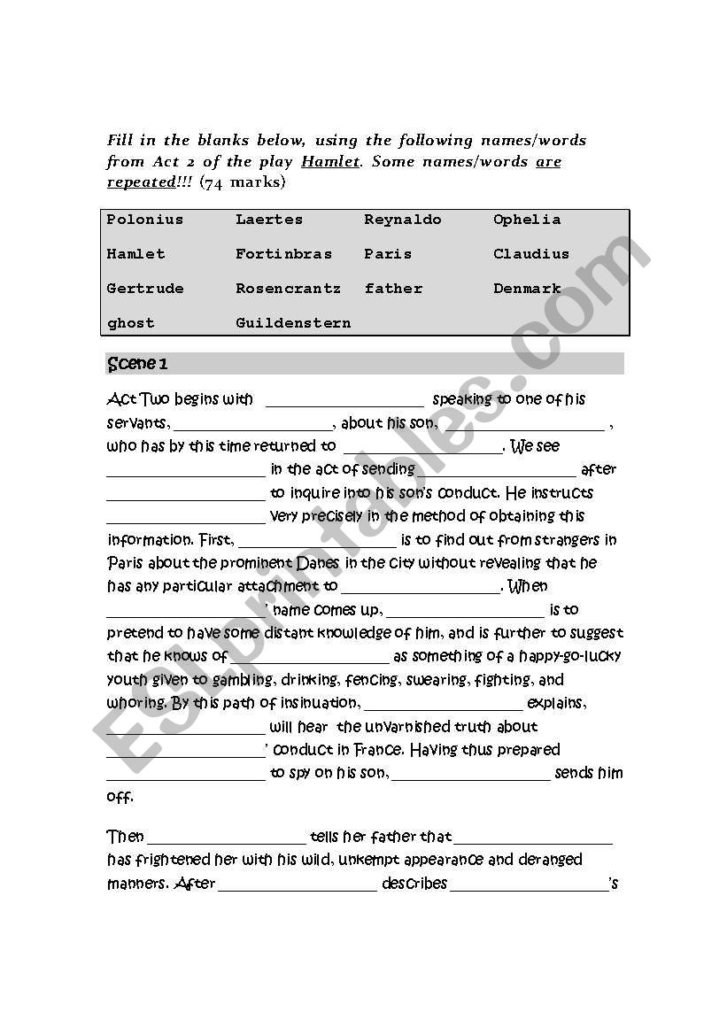 English Worksheets Act 2 Quiz Hamlet