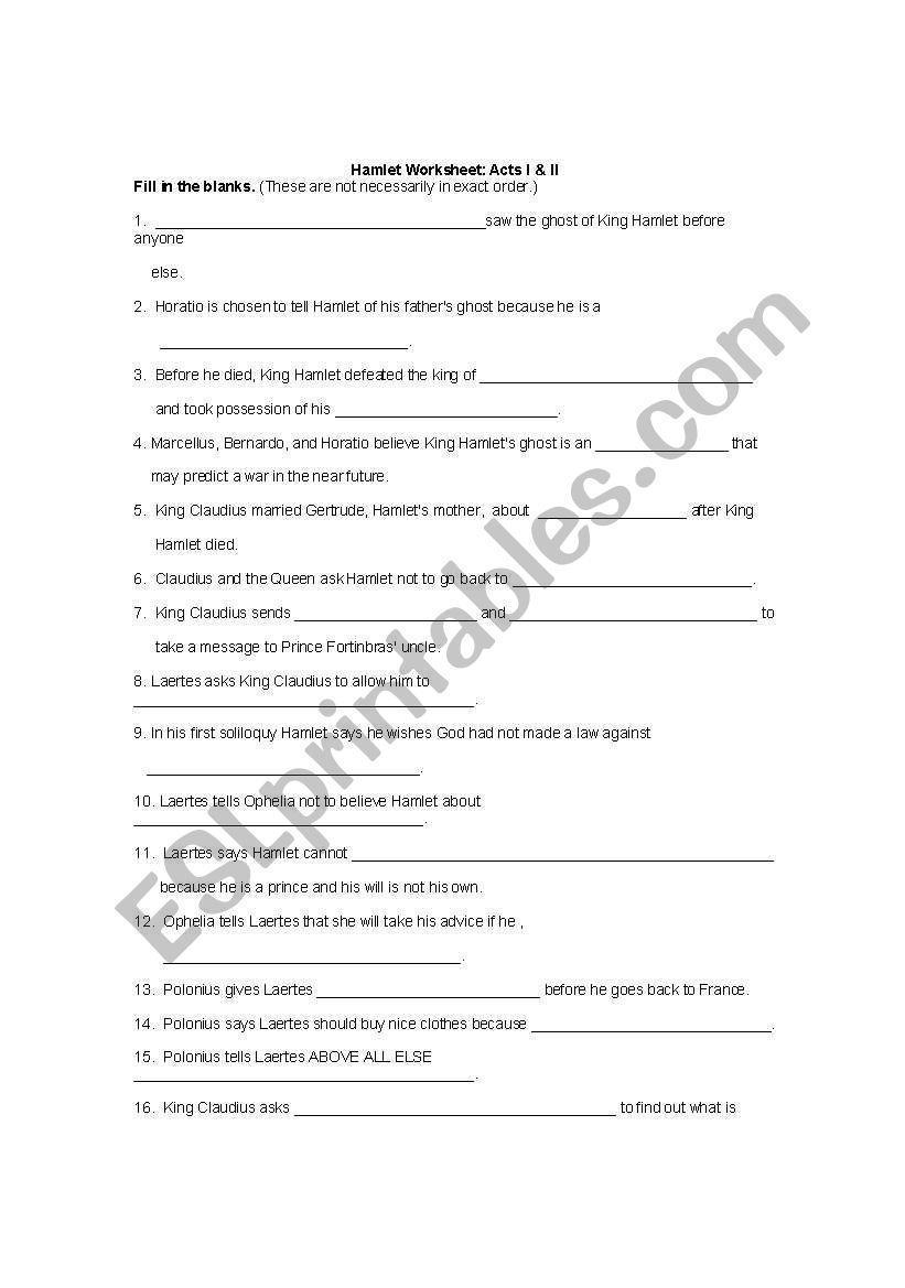 English Worksheets Hamlet Acts 1 2 Worksheet
