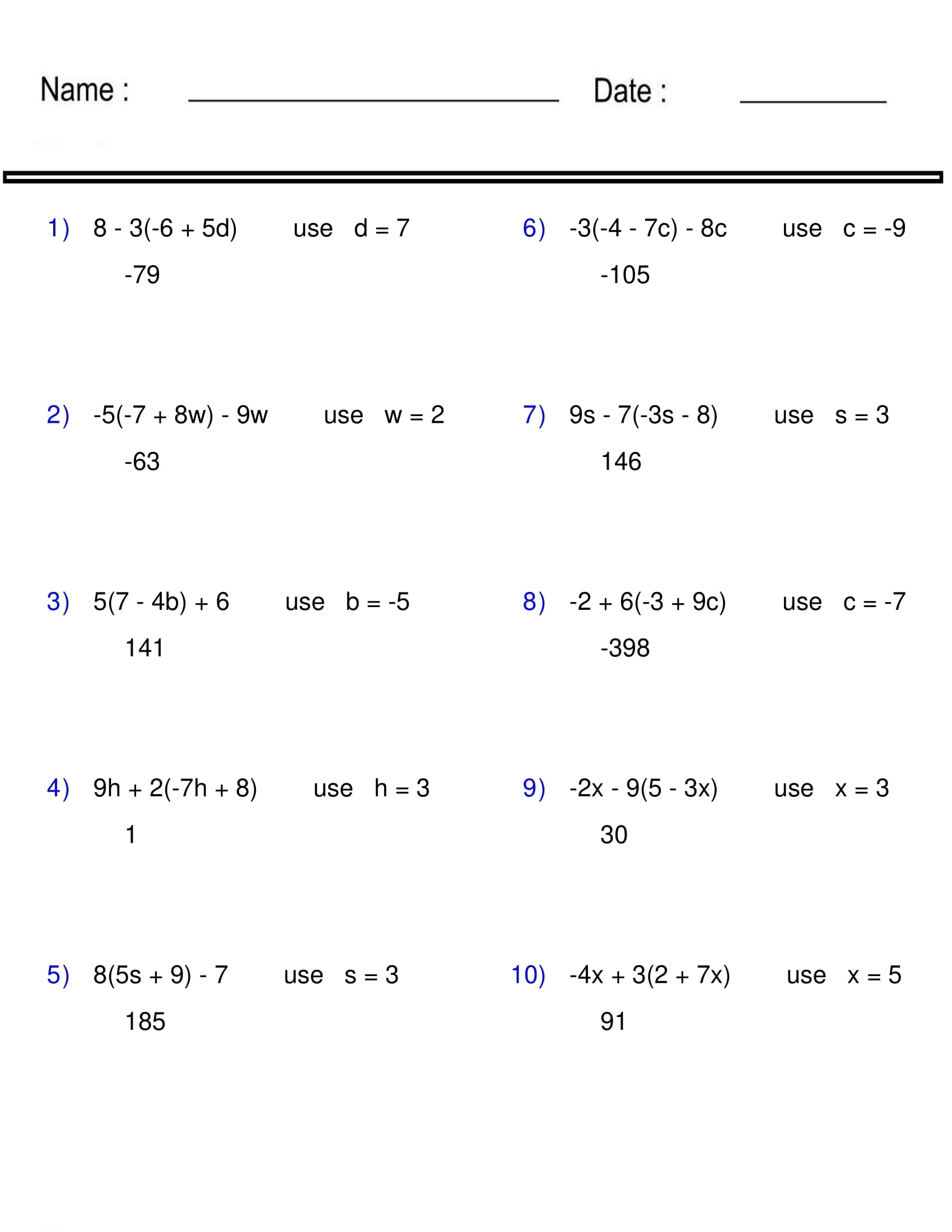 Evaluating Algebraic Expressions Worksheet One Variable Pre Algebra