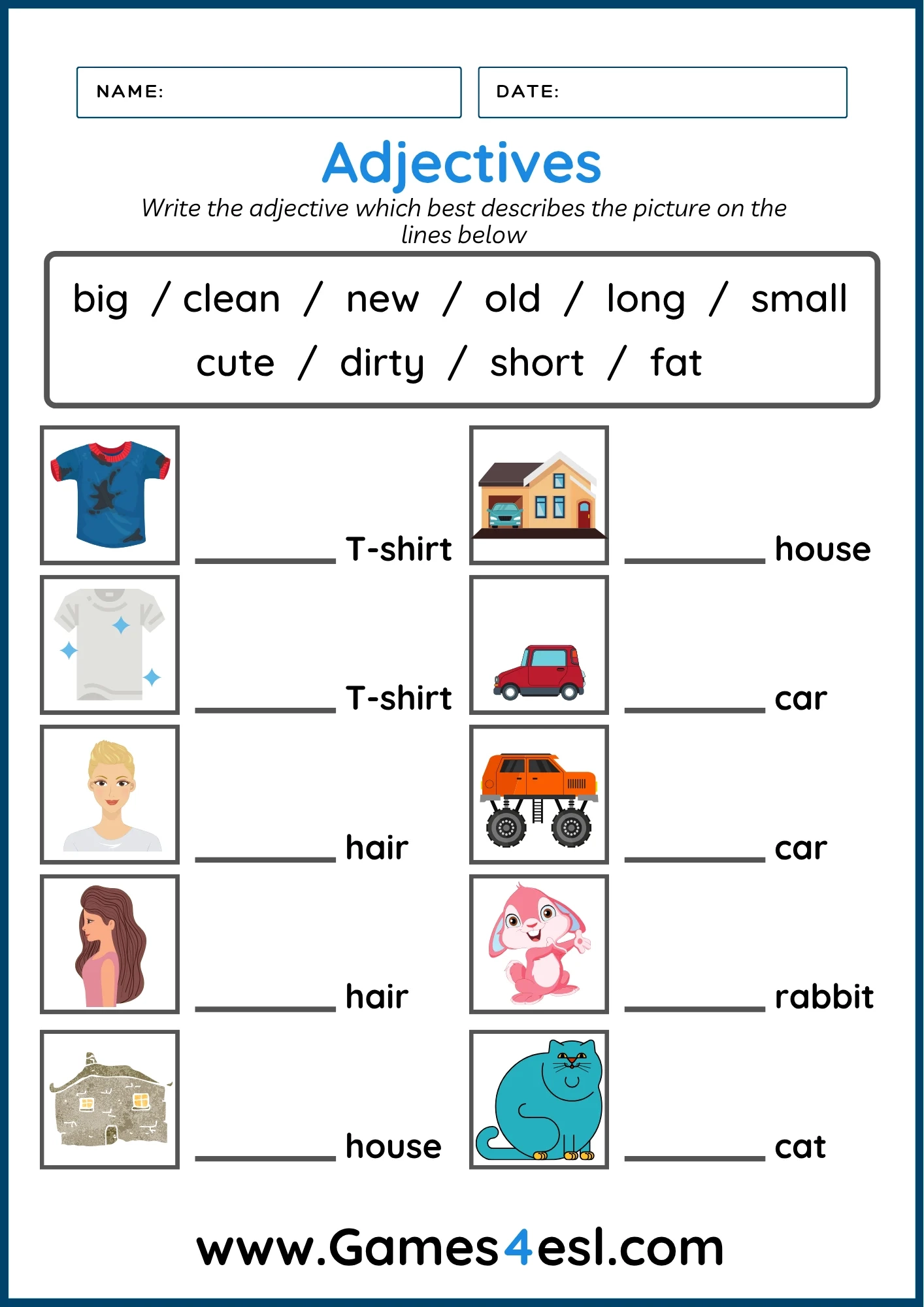 Free Adjective Worksheets For Beginners Games4esl