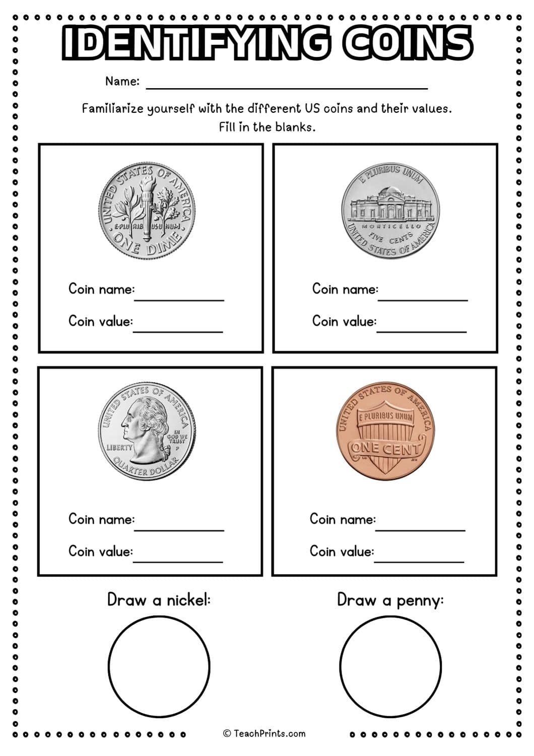 Free Identifying Coins Worksheets Teach Prints