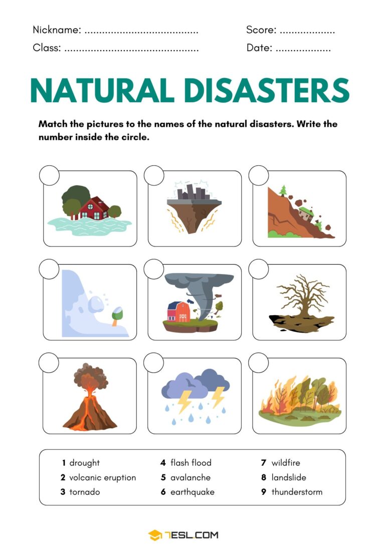 Free Natural Disasters Worksheets PDF 7ESL
