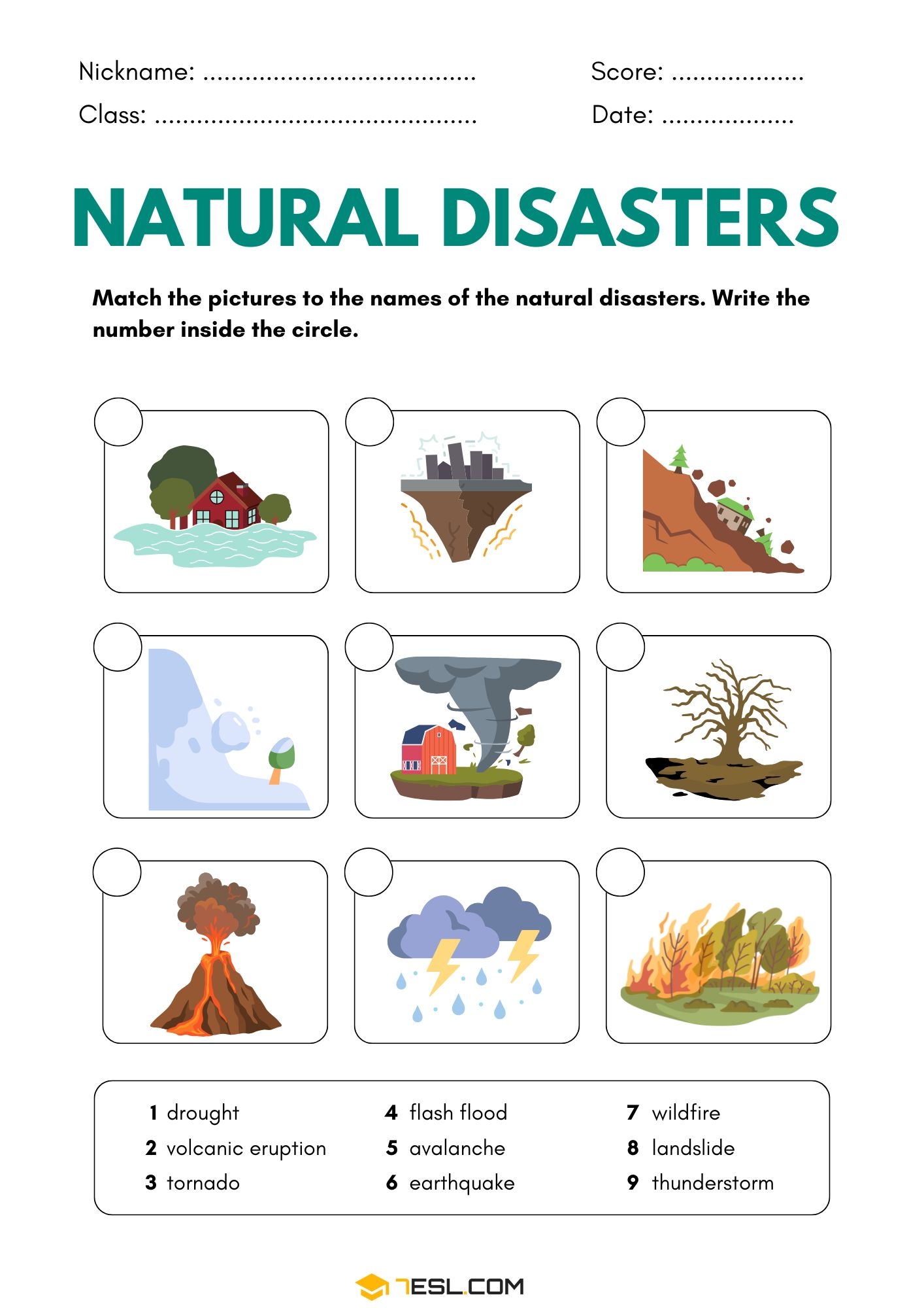 Free Natural Disasters Worksheets PDF 7ESL