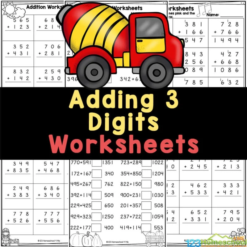 FREE Printable 3 Digit Addition Math Worksheets with Answer Key 