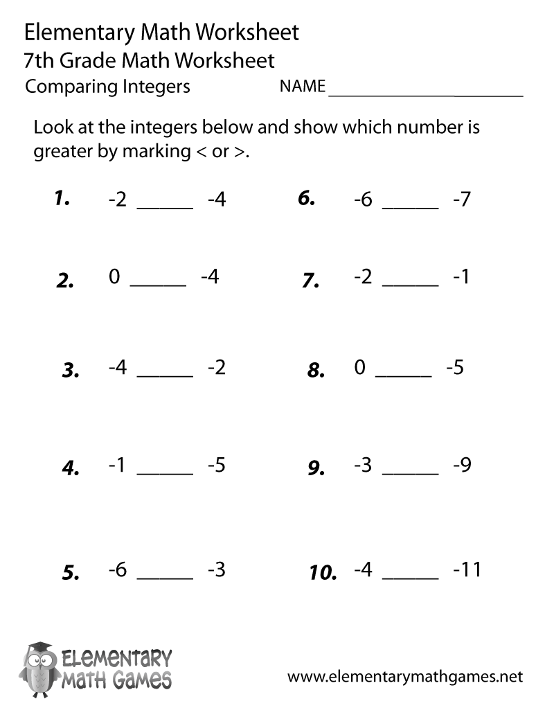 Free Printable Comparing Integers Worksheet For Seventh Grade Worksheets Library