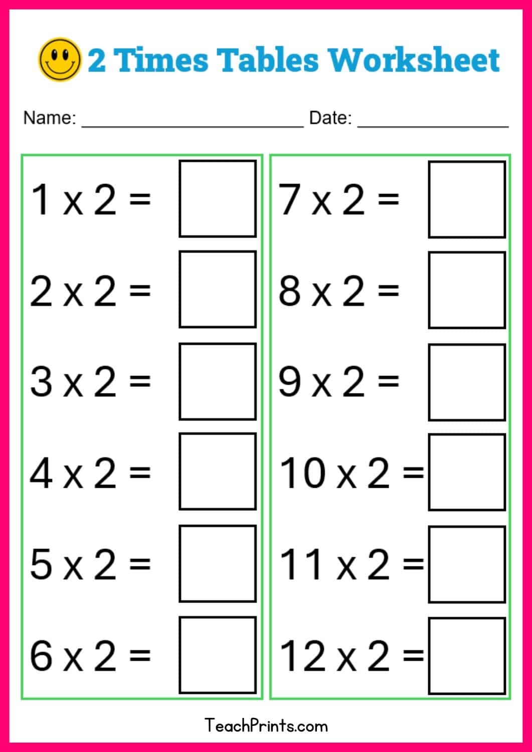Free Two Times Tables Worksheets Teach Prints