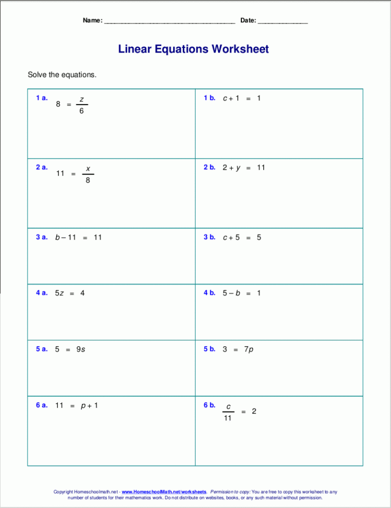 Free Worksheets For Linear Equations grades 6 9 Pre algebra 