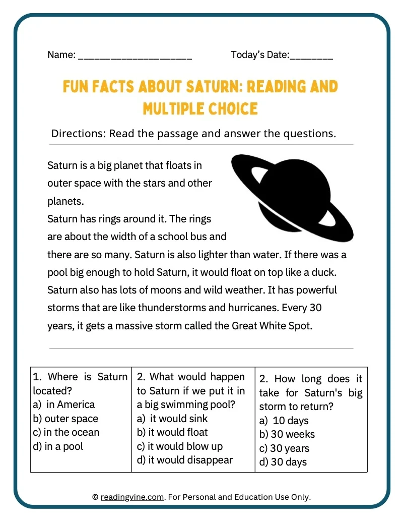 Saturn Reading Comprehension Worksheet