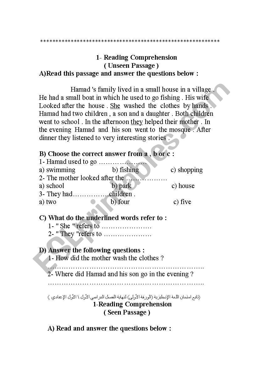 Seventh Grade Printable Reading Comprehension Worksheets