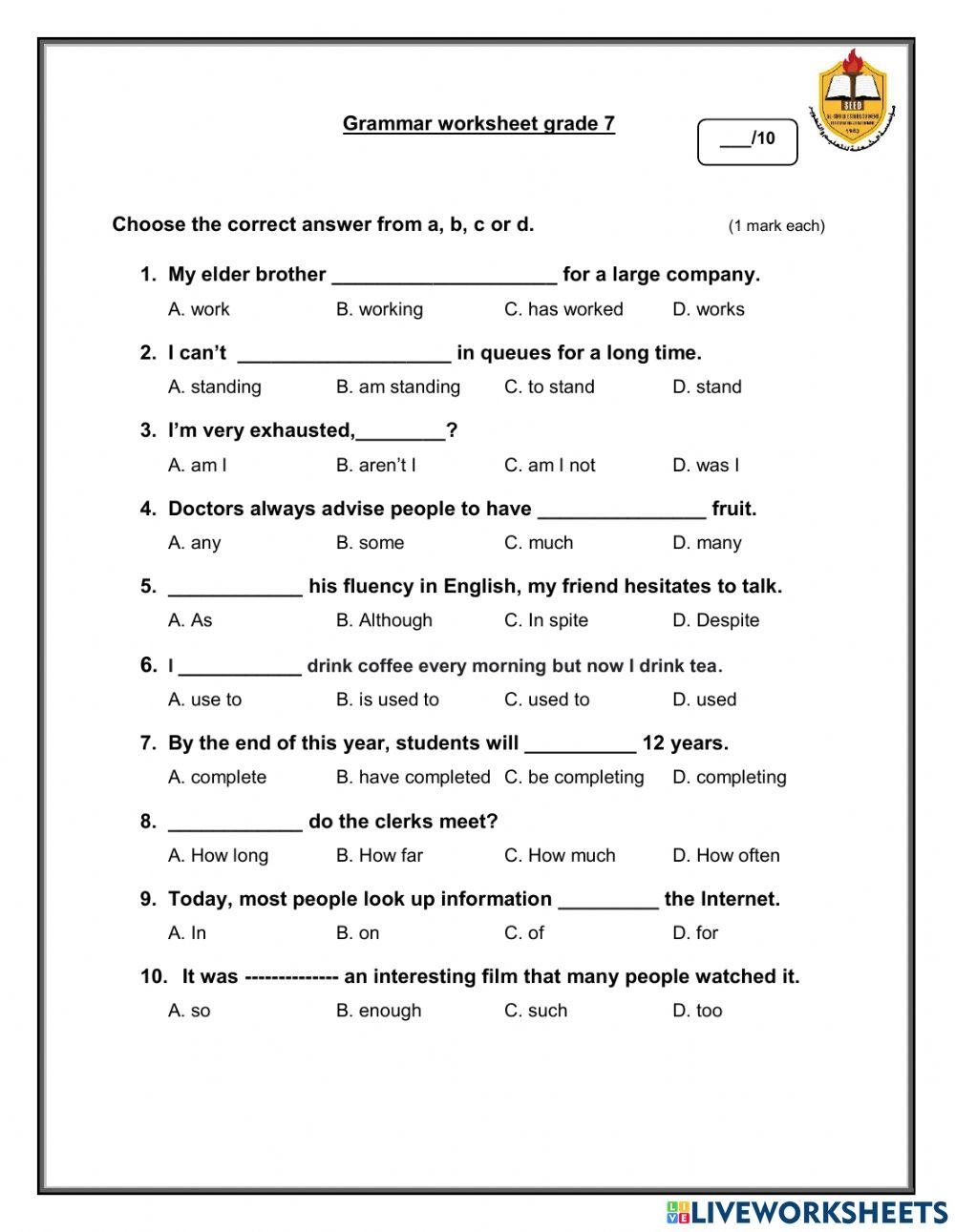 Grammar Workshe Free Interactive Worksheets 1278368