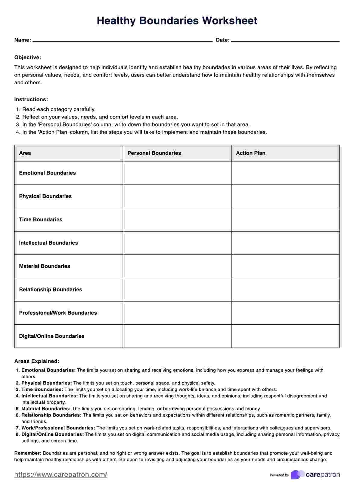 Healthy Boundaries Worksheet Example Free PDF Download
