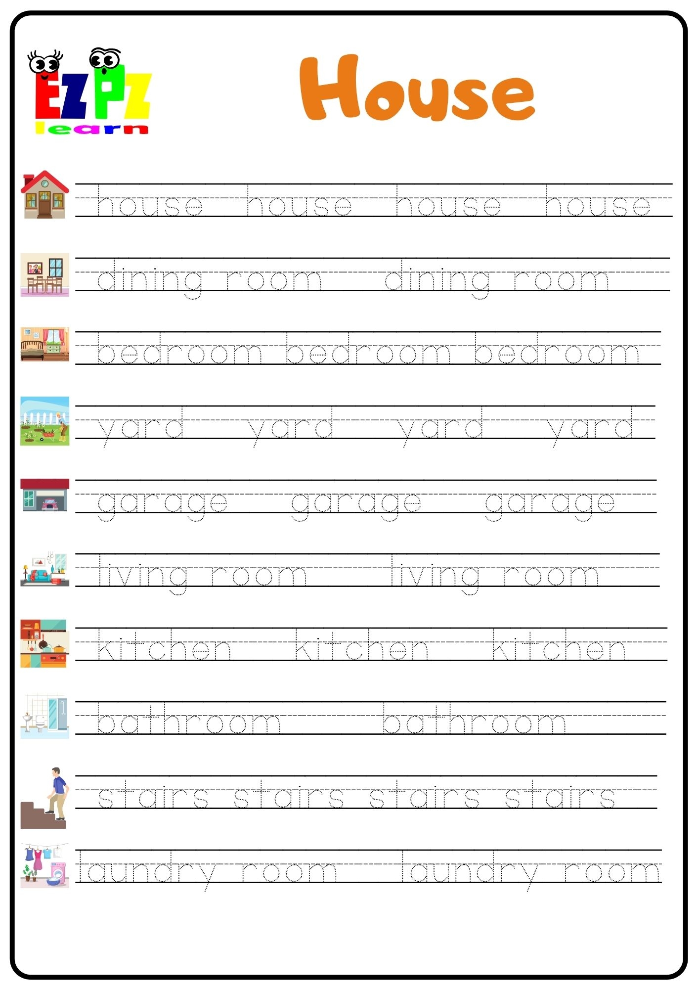 House Rooms Word Tracing Worksheet Ezpzlearn