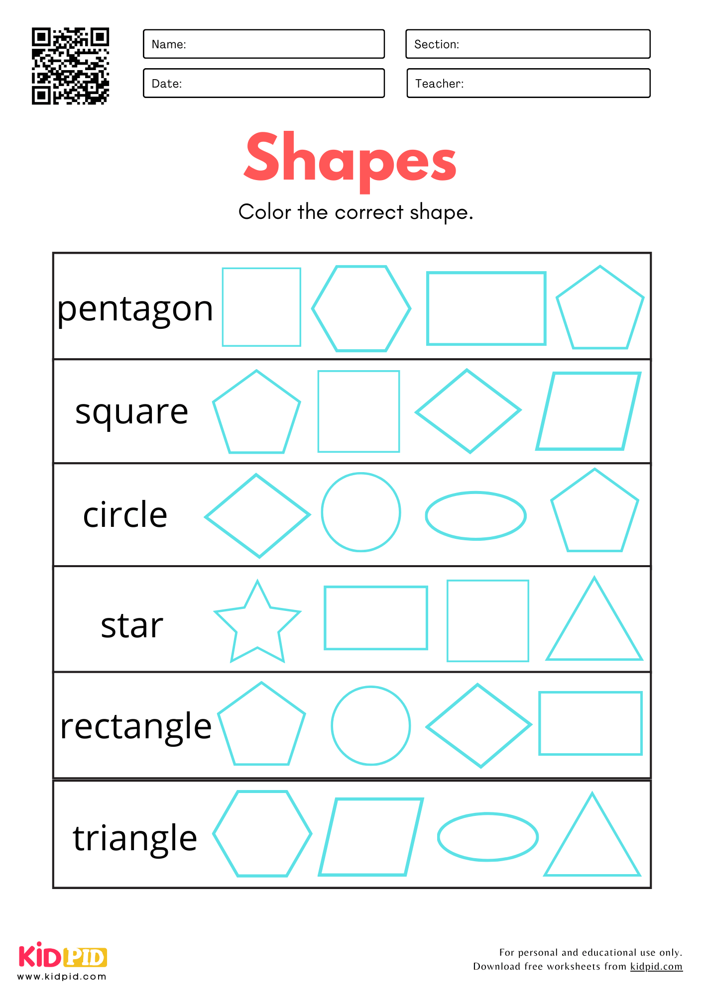 Shapes Kindergarten Worksheet Free Printable
