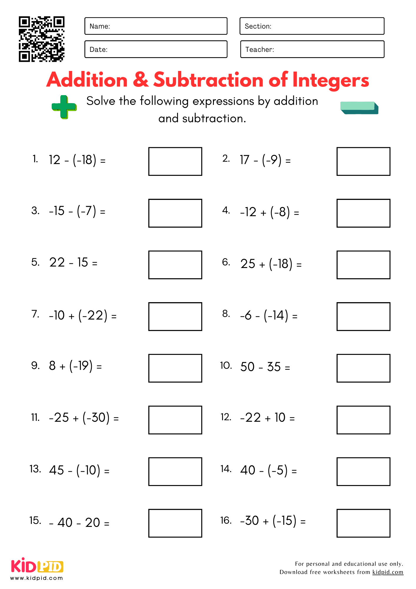 Grade 7 Integers Worksheets Free Printable