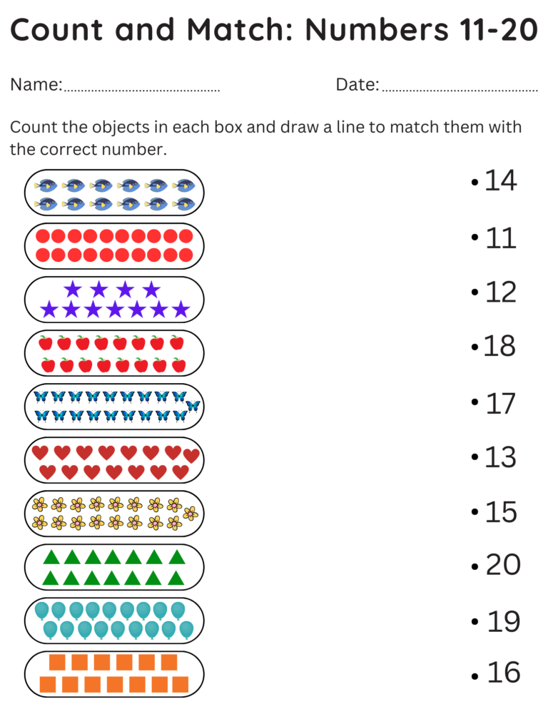 Kindergarten Count And Match Worksheets 11 20 Printable Numbers 11 20 Activity Made By Teachers