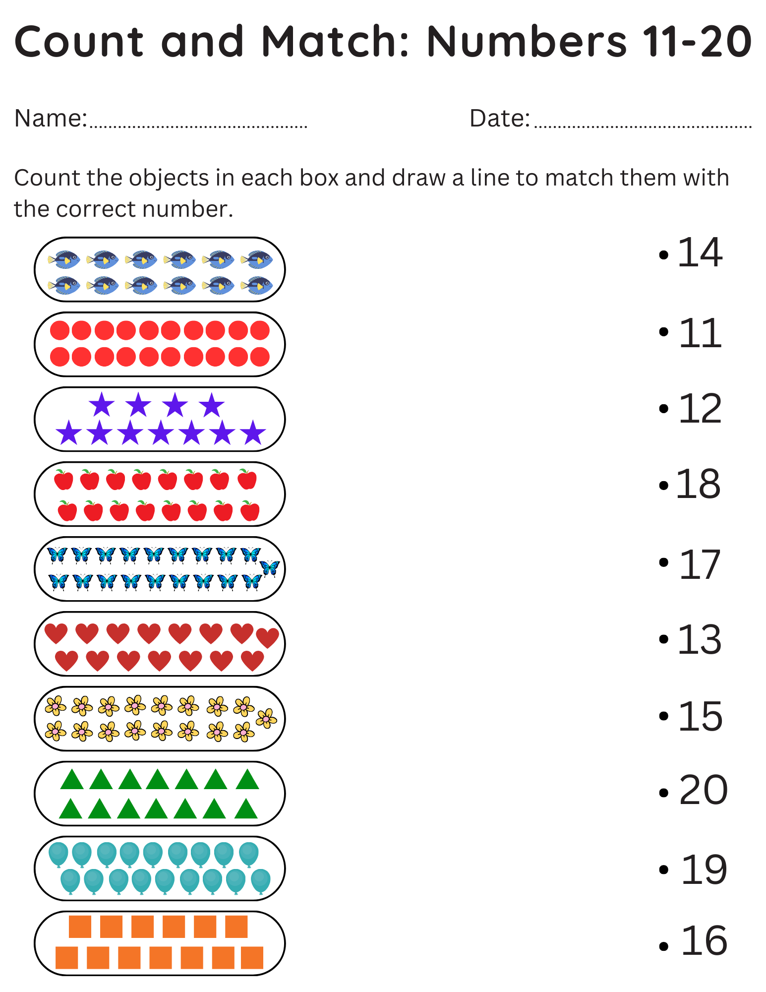 Kindergarten Count And Match Worksheets 11 20 Printable Numbers 11 20 Activity Made By Teachers
