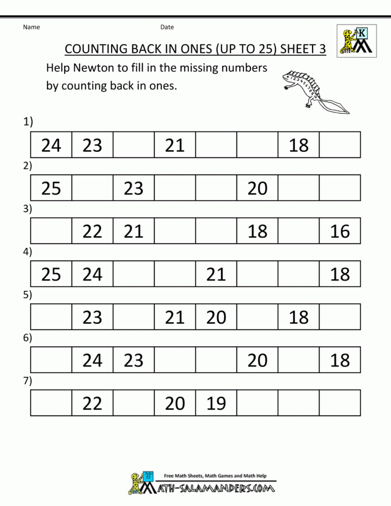 Kindergarten Math Printables 2 Sequencing To 25