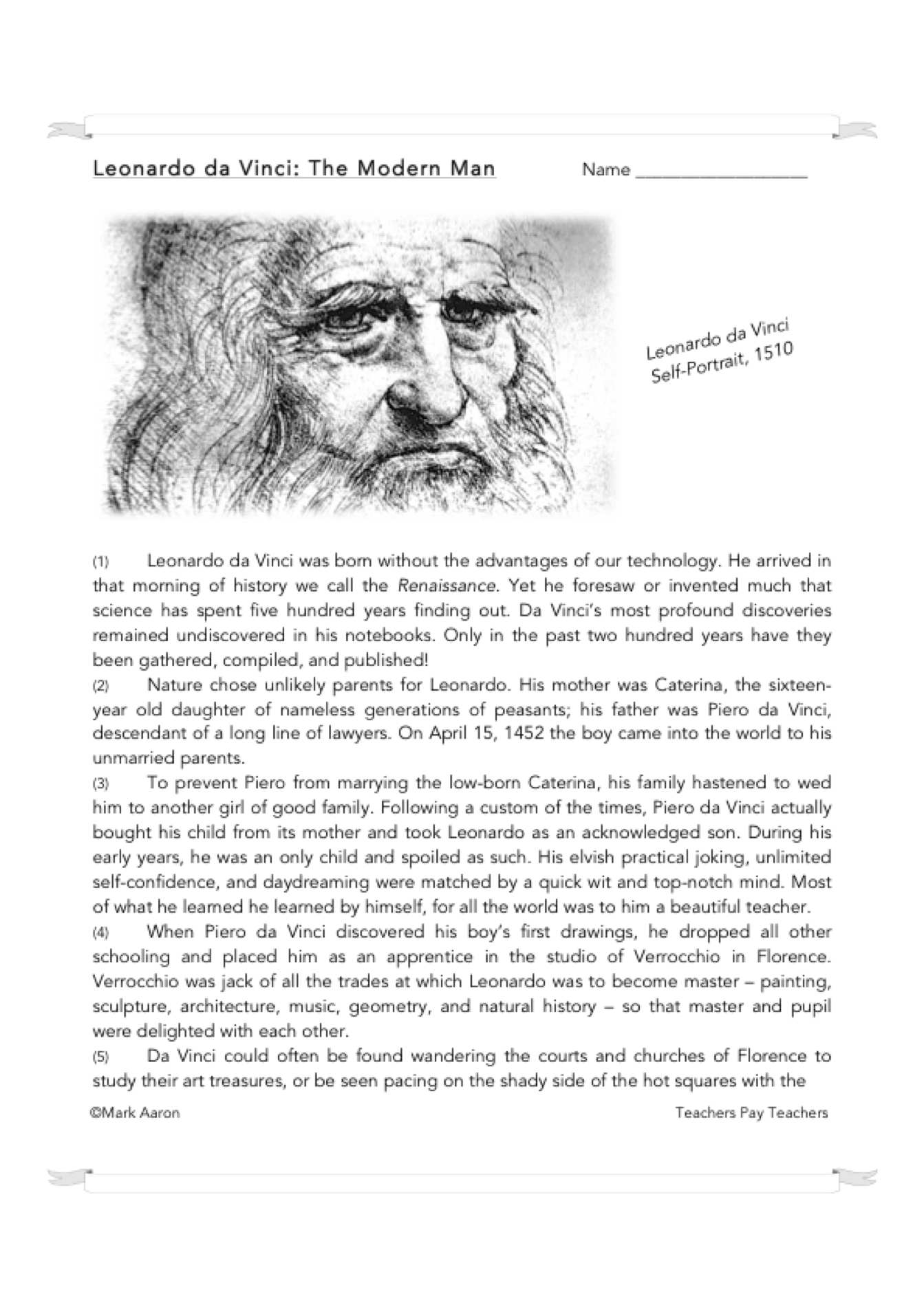 Printable Leonardo Da Vinci Worksheets