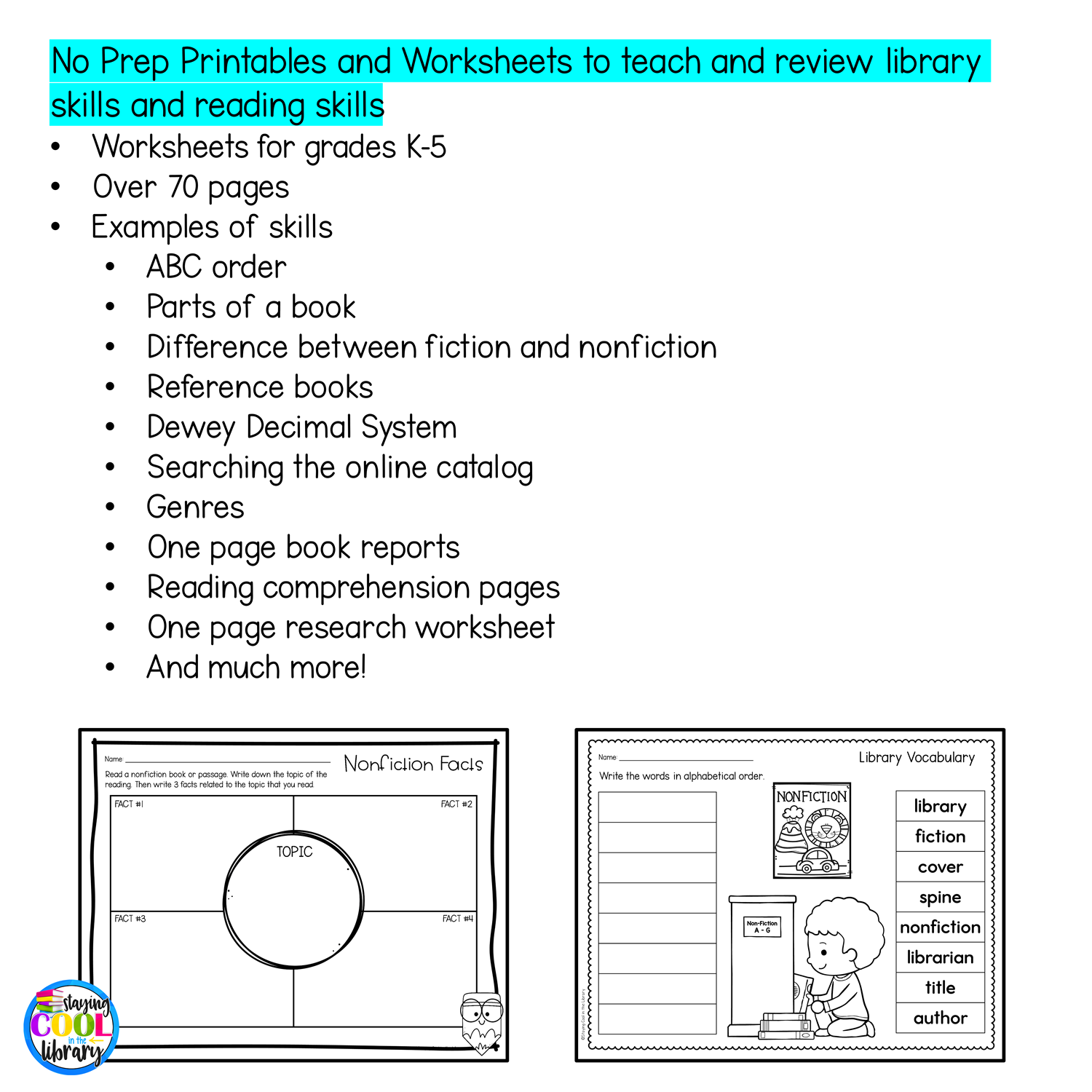 Free Library Skills Printable Worksheets