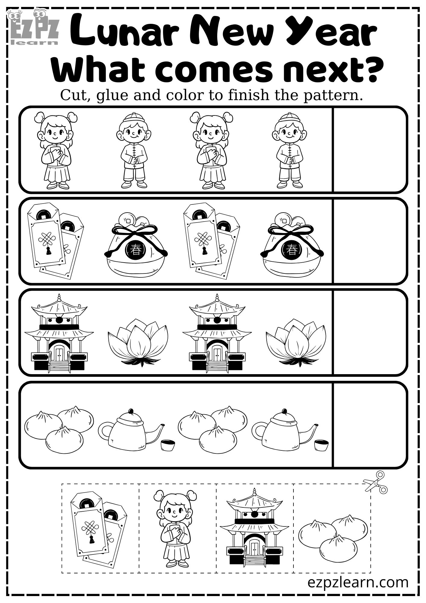 Lunar Chinese New Year And Tet What Comes Next Coloring Activity Number 2 For Kids Ezpzlearn
